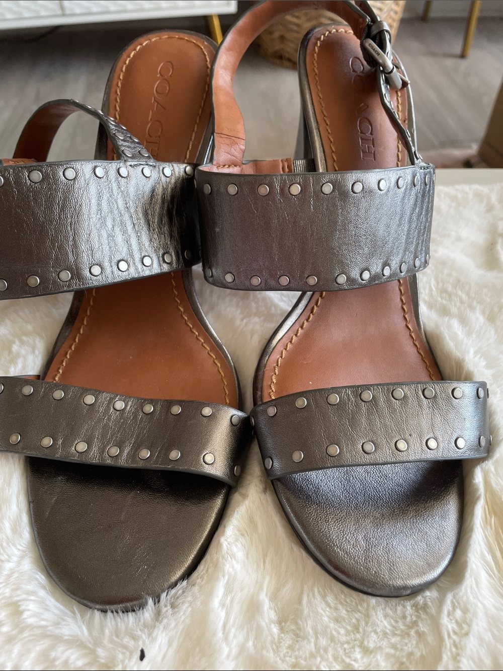 Coach Metallic Pewter Studded Leather Slide Sandals with Ankle Strap